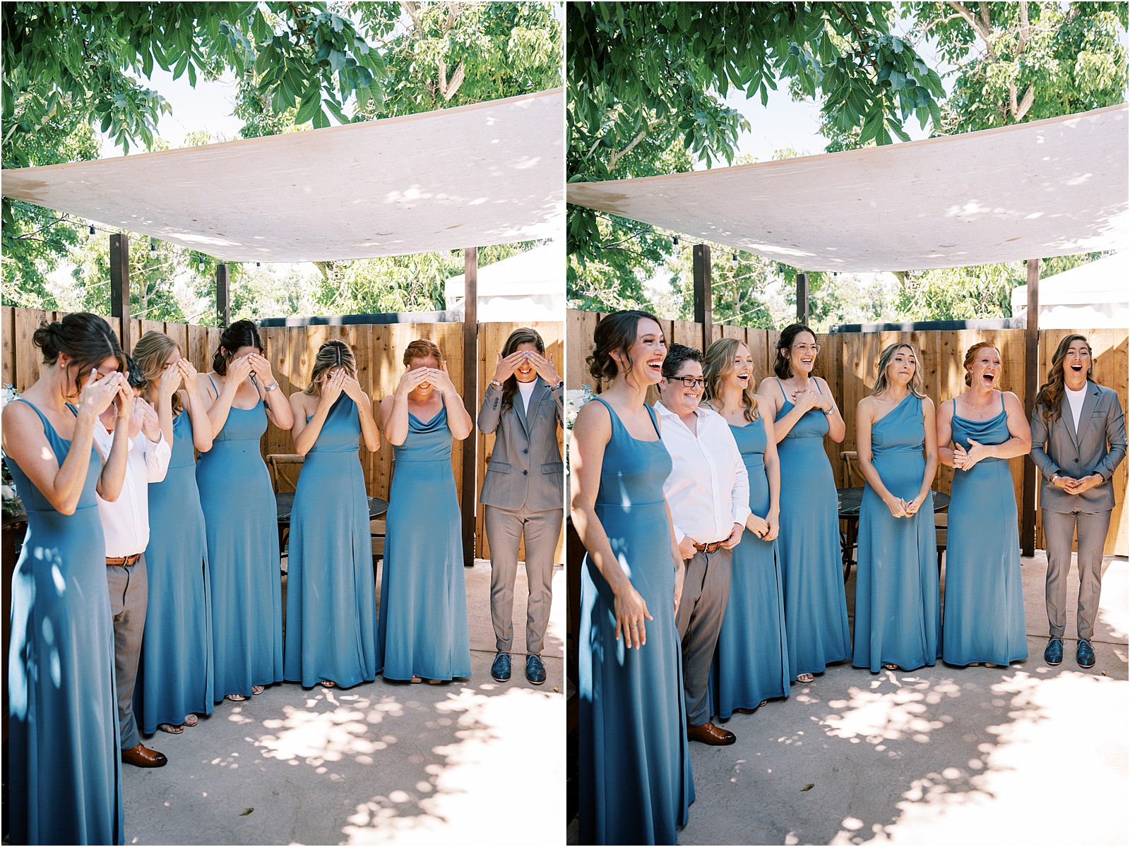 The bridal party reacts to seeing the bride for the first time at Walnut Grove in Moorpark, Ca.