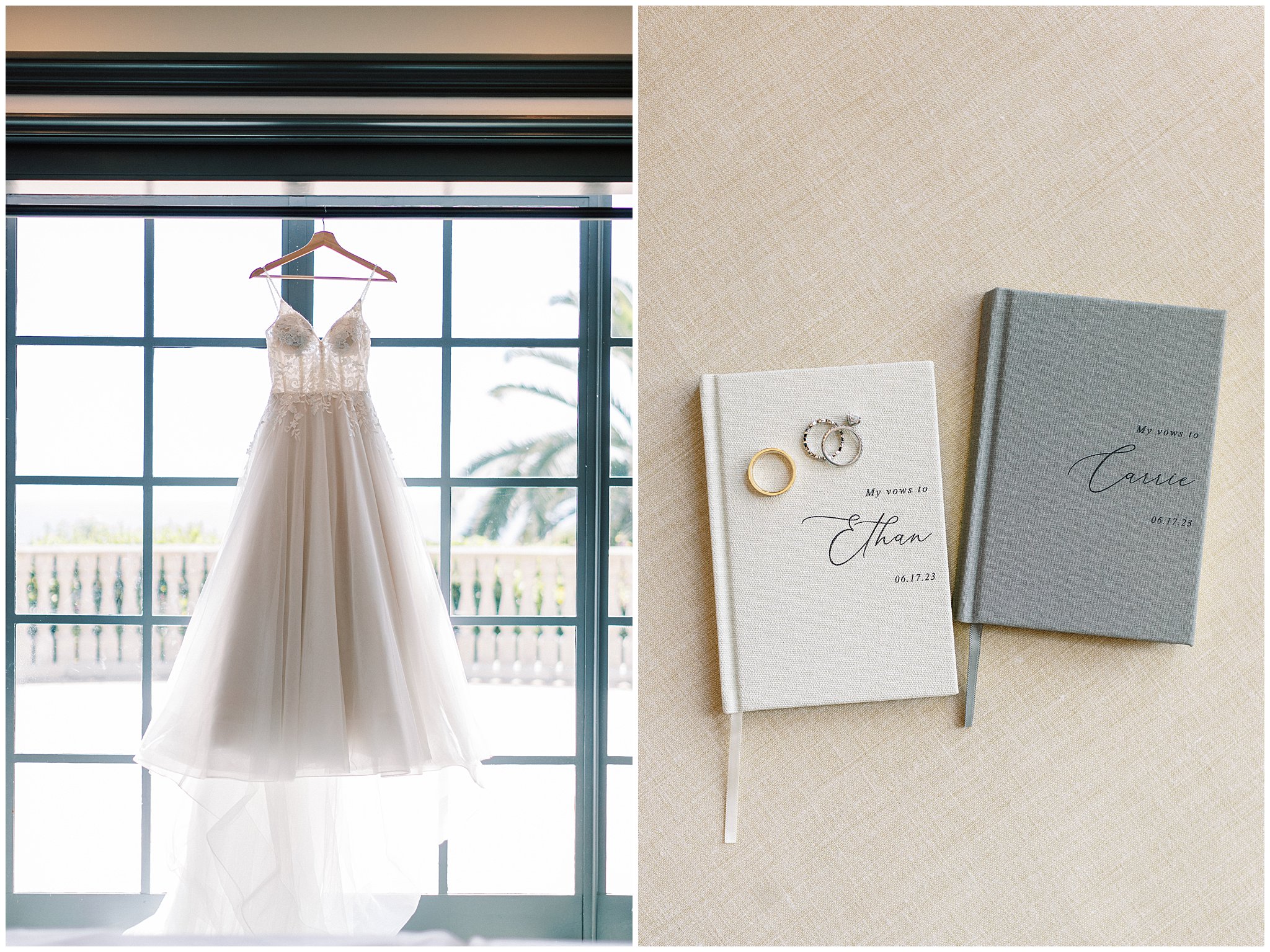 Wedding dress and vow books at Bel Air Bay Club.  