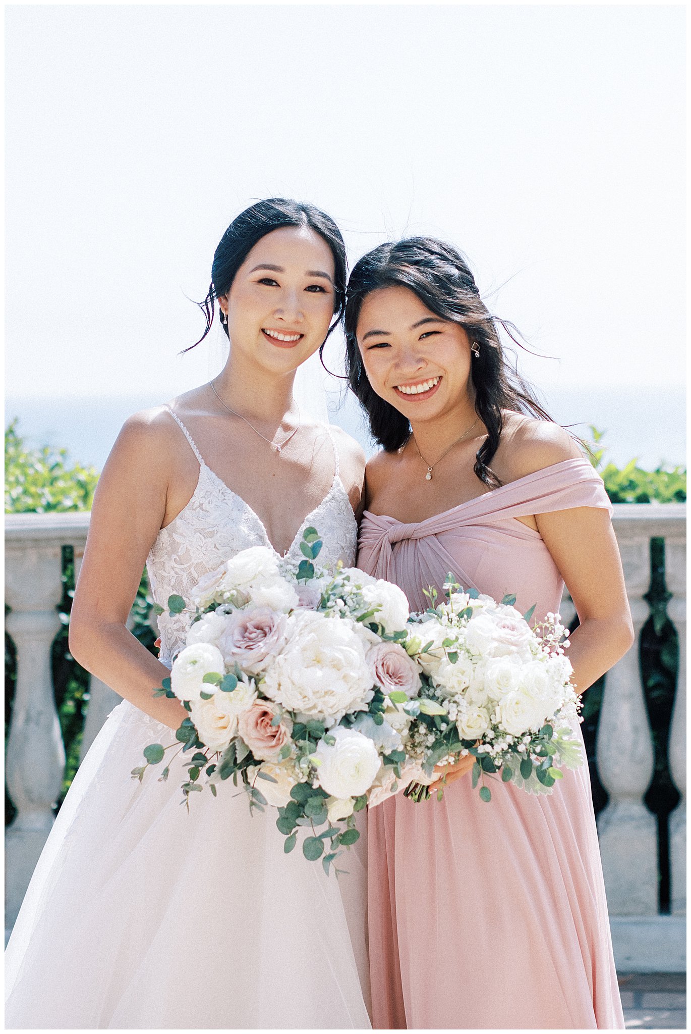 Bride and maid of honor at Bel Air Bay Club in Pacific Palisades, Ca.