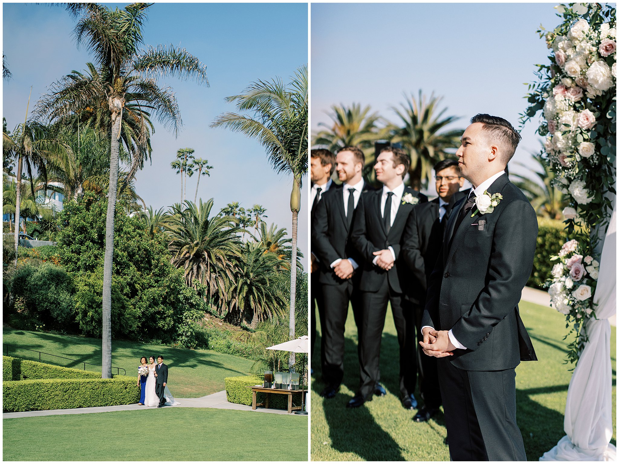 The groom watching the bride walk down the aisle at Bel Air Bay in the Palisades.  