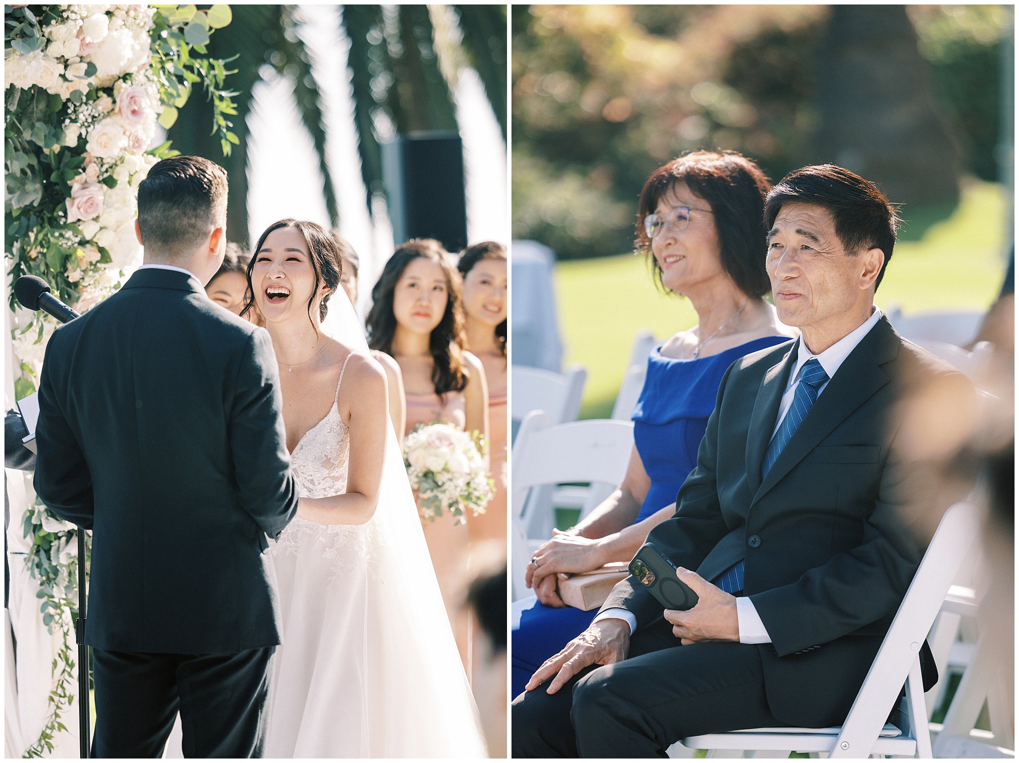 The bride laughing and parents smiling during wedding ceremony.