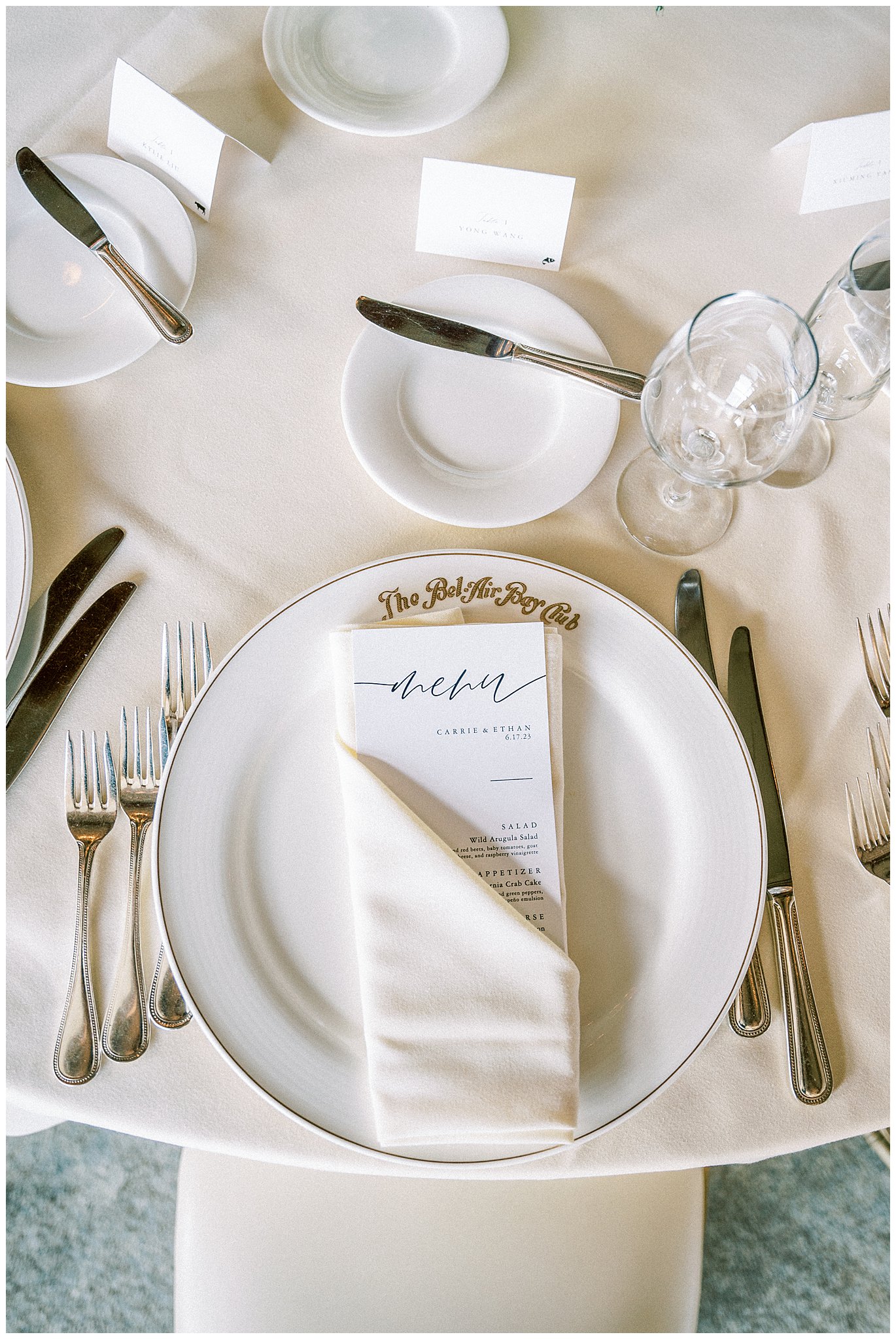 Wedding place setting at Bel Air Bay Club wedding in Pacific Palisades, Ca.