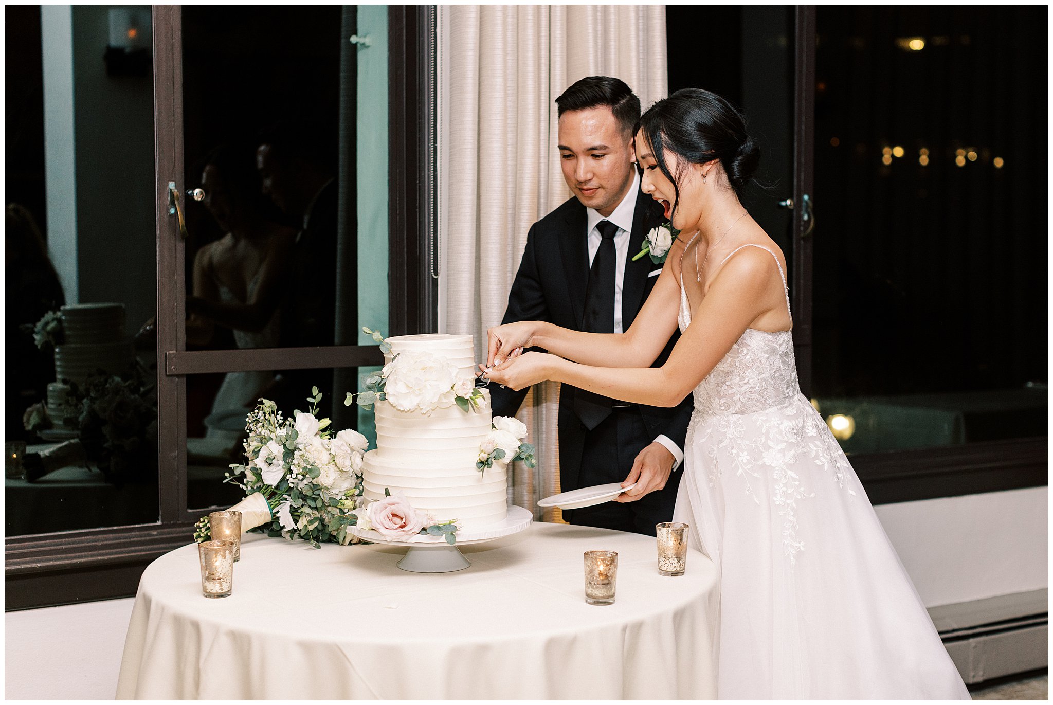 Bride and groom cutting cake at Bel Air Bay Club wedding in Pacific Palisades, Ca.