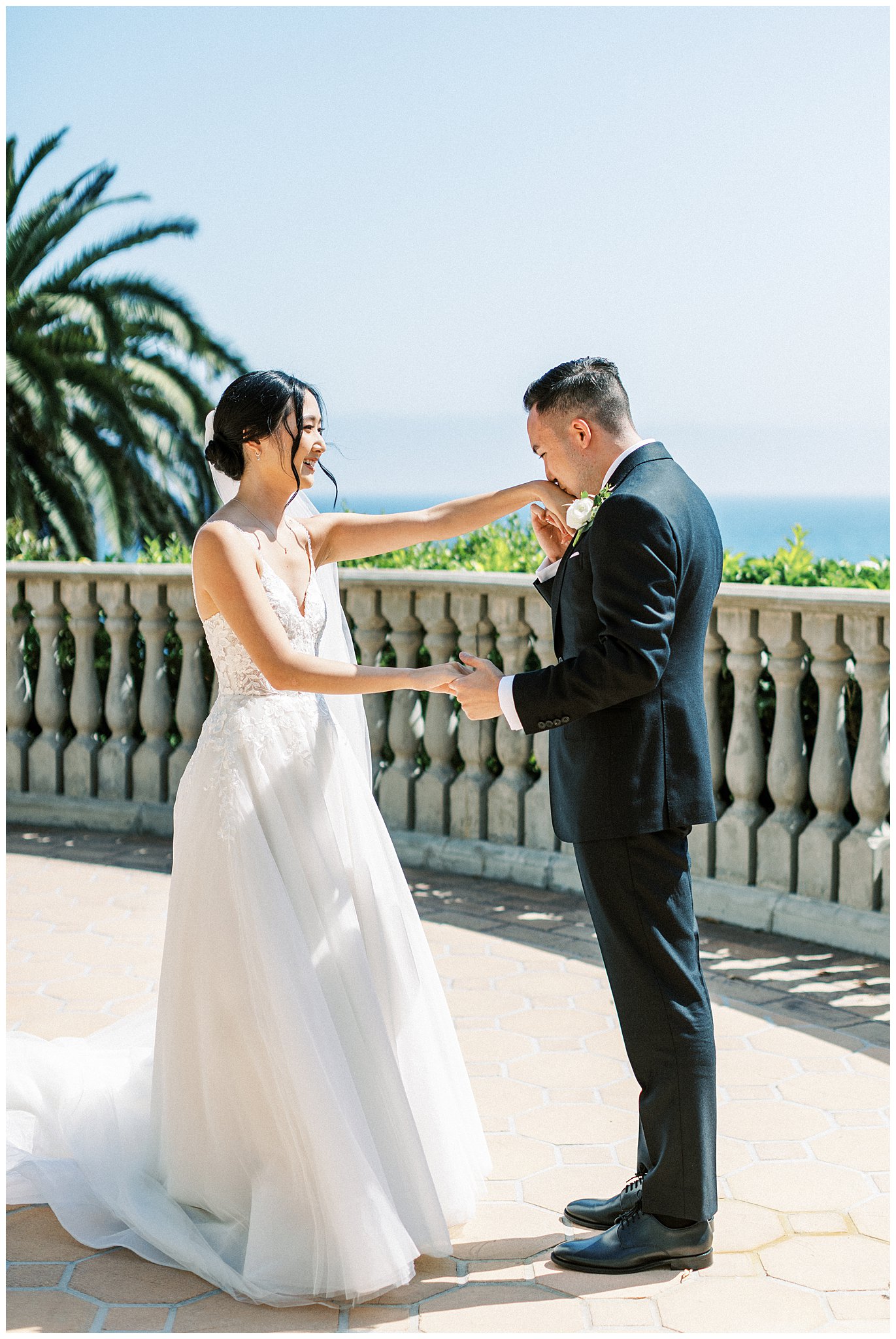 The bride and groom during a first look in The Palisades.  