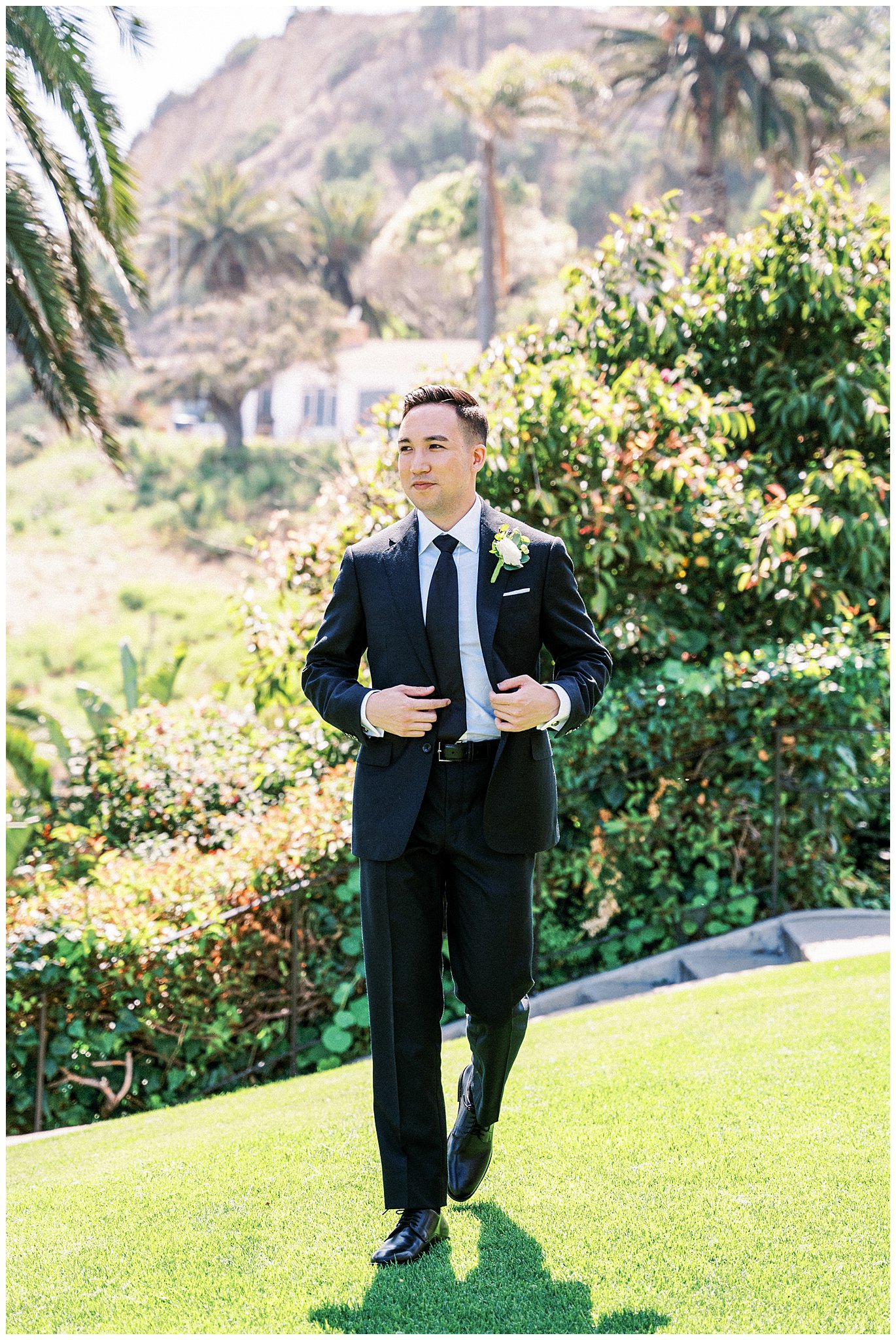 Groom on wedding day in Pacific Palisades, Ca.