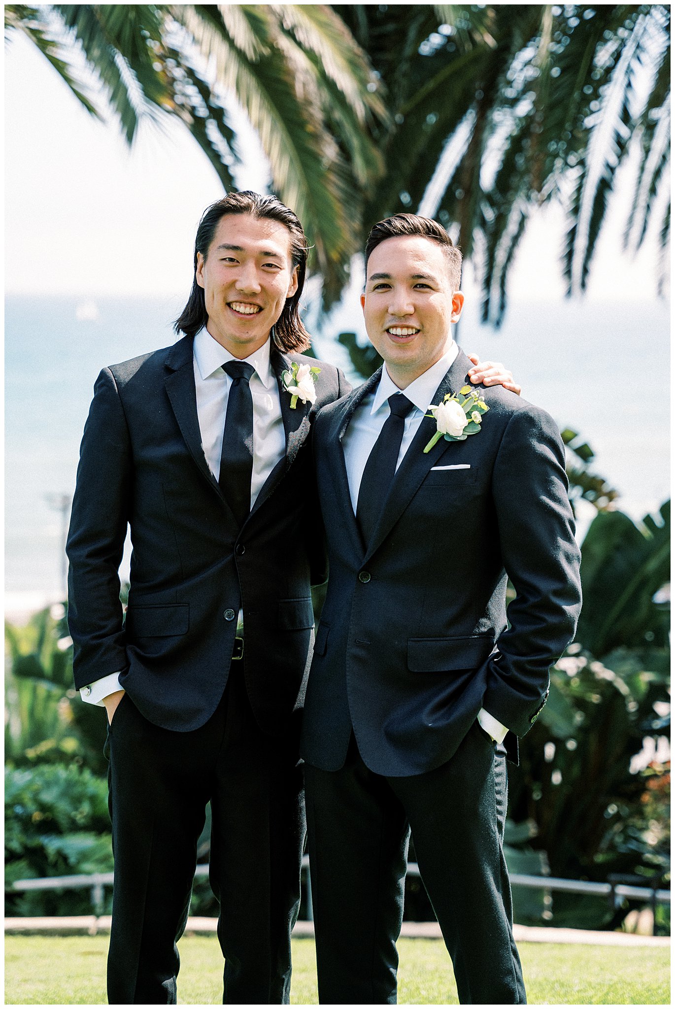 Groom and the best man on wedding day in Pacific Palisades.