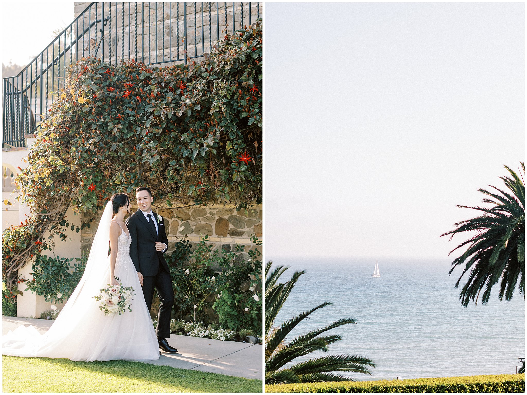 Bride and groom walking in front of Bel Air Bay Club in Pacific Palisades, Ca.  