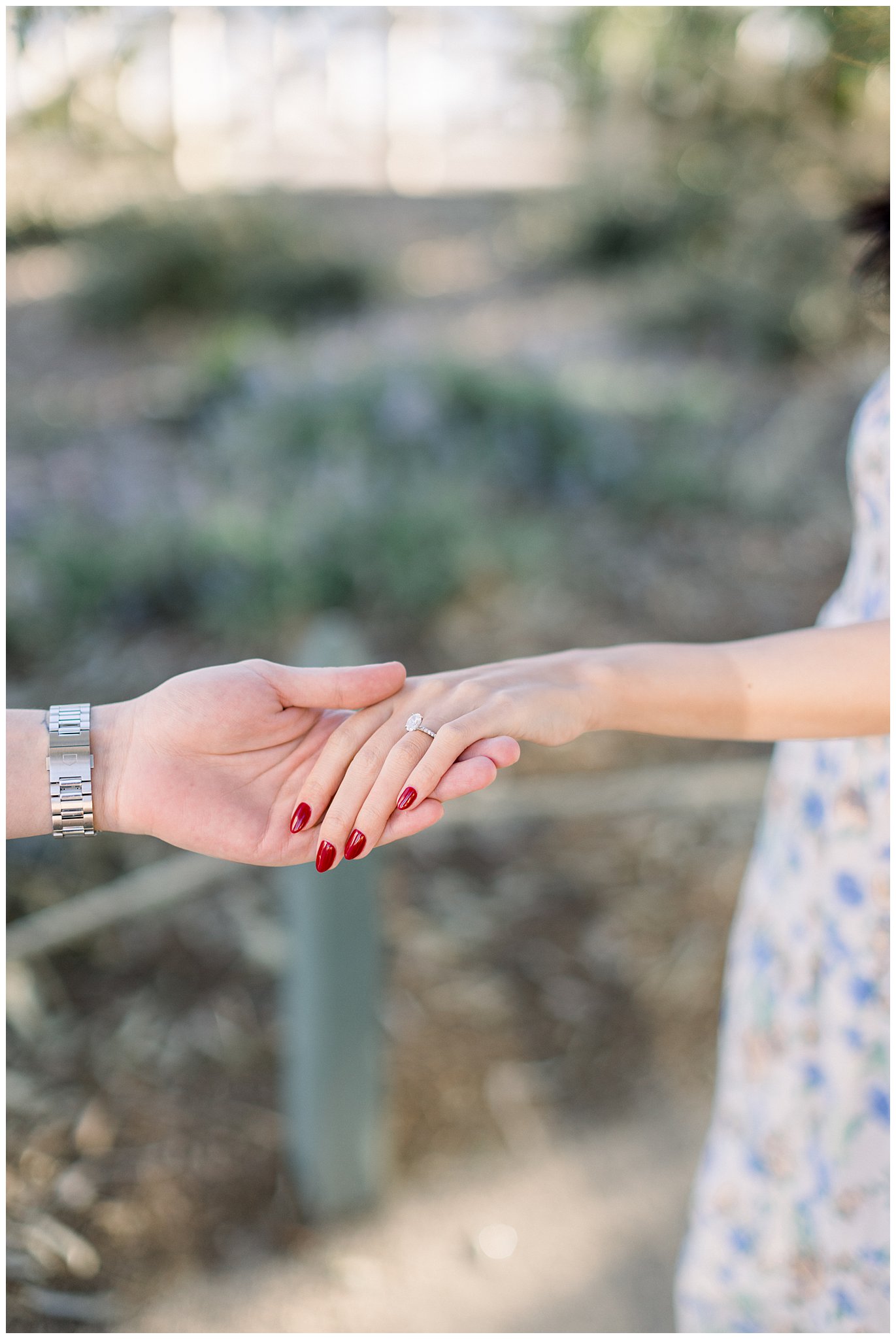 A couple holding hands showcasing the engagement ring at Palisades Park.