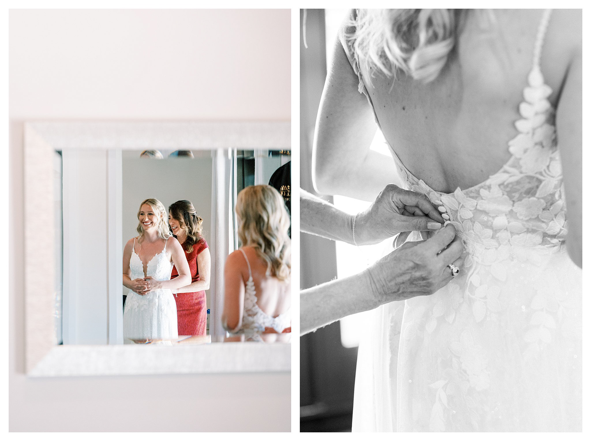 Mother of the bride assisting her daughter with the wedding dress at Walnut Grove in Moorpark, Ca.