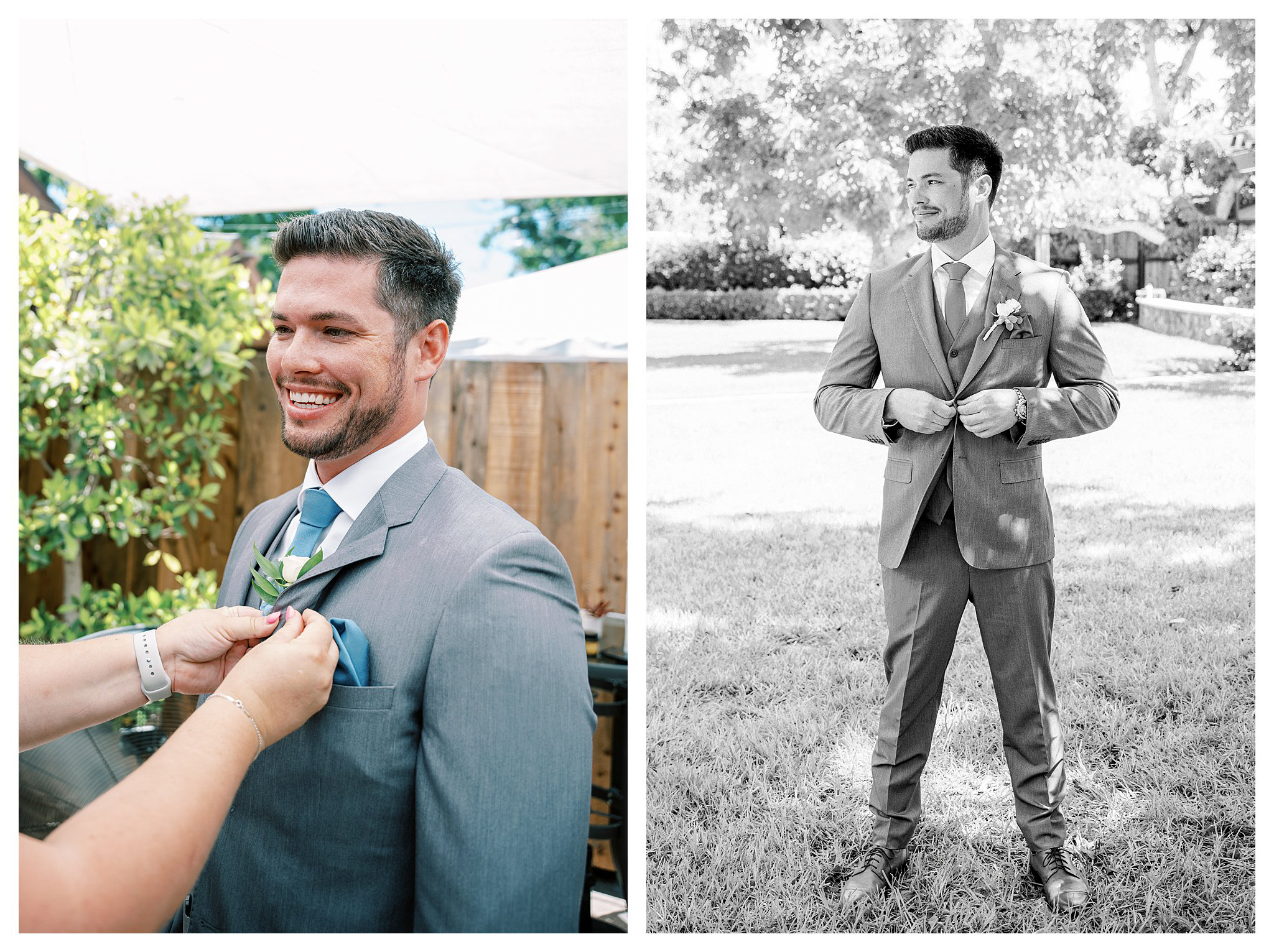 Groom getting a boutonniere pinned on before his wedding at Walnut Grove.  