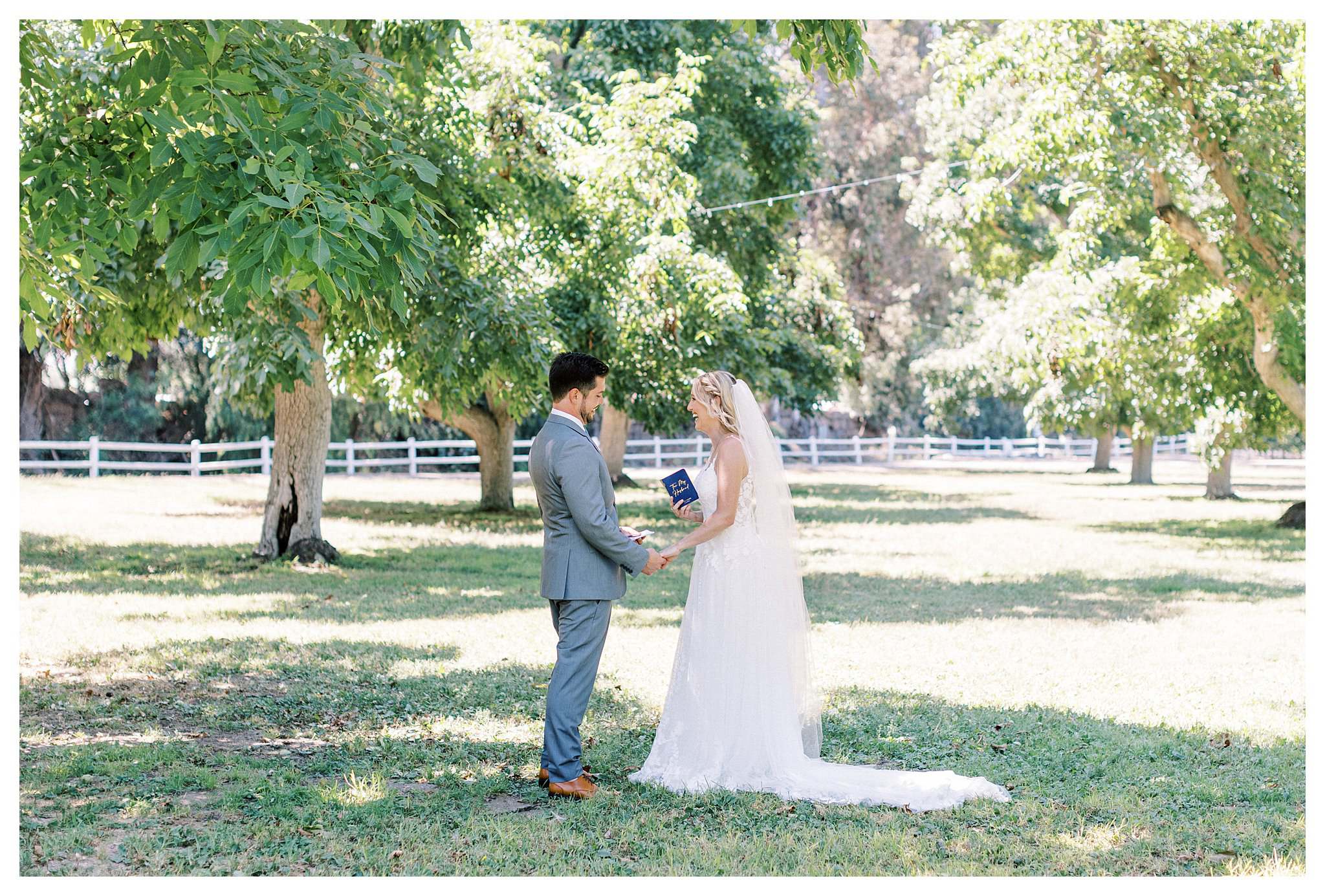 Bride and groom laughing while they recite their vows in Moorpark, Ca.