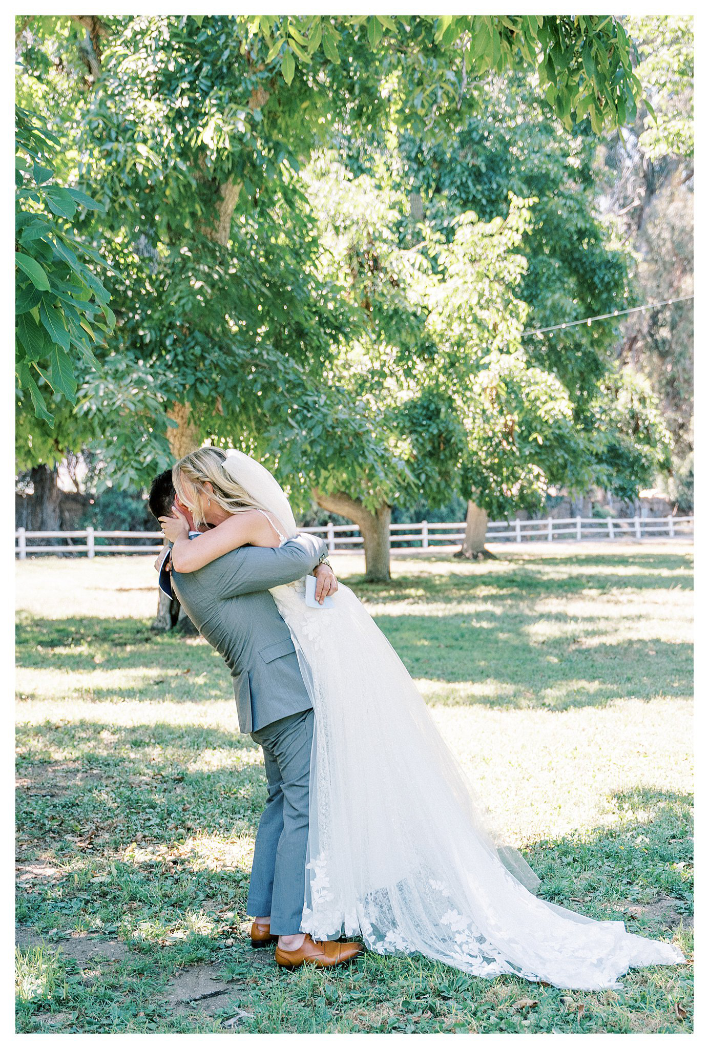 Bride and groom embrace during the First Look at Walnut Grove in Moorpark, Ca.