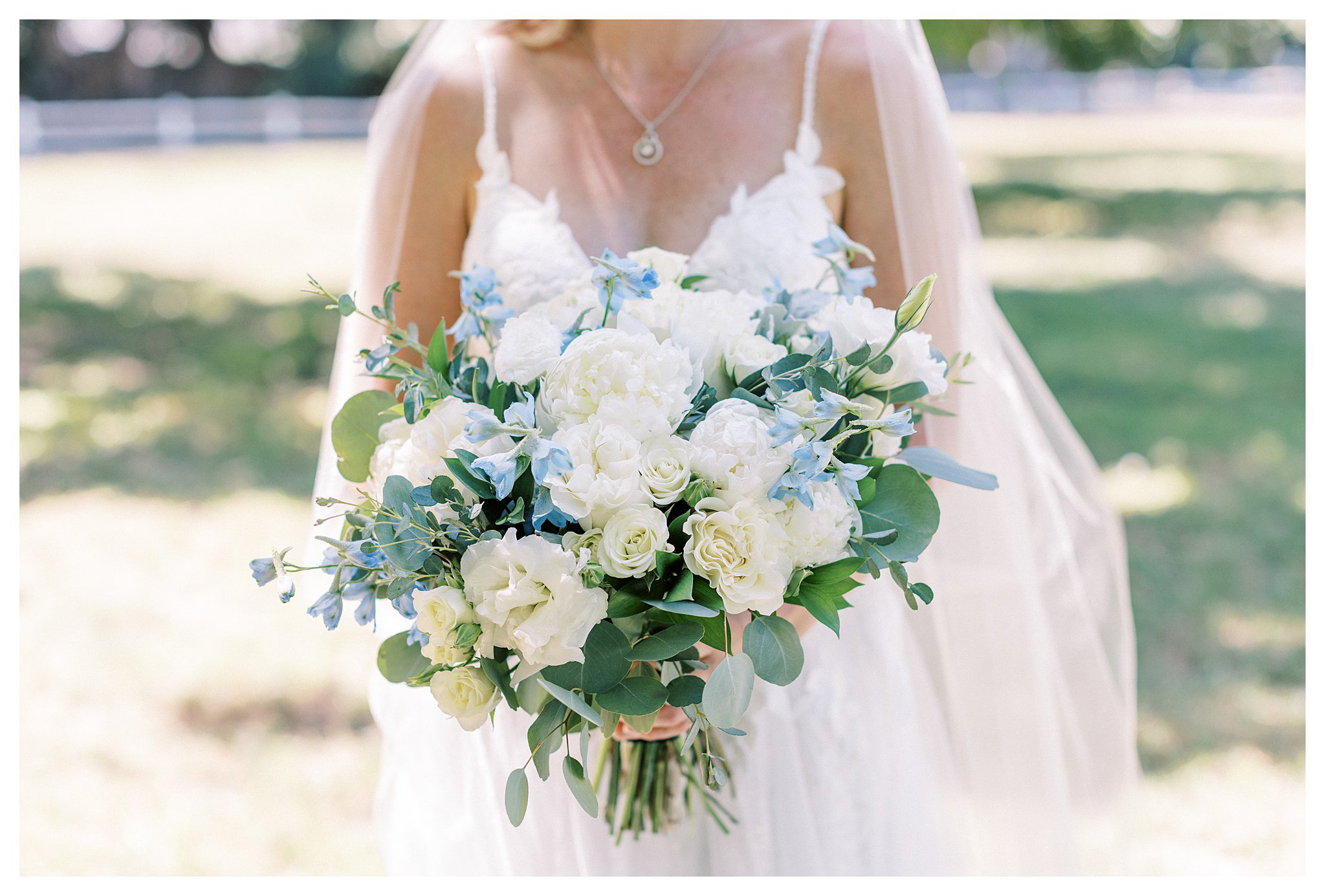 The bridal bouquet of white and blue flowers in Moorpark, Ca.