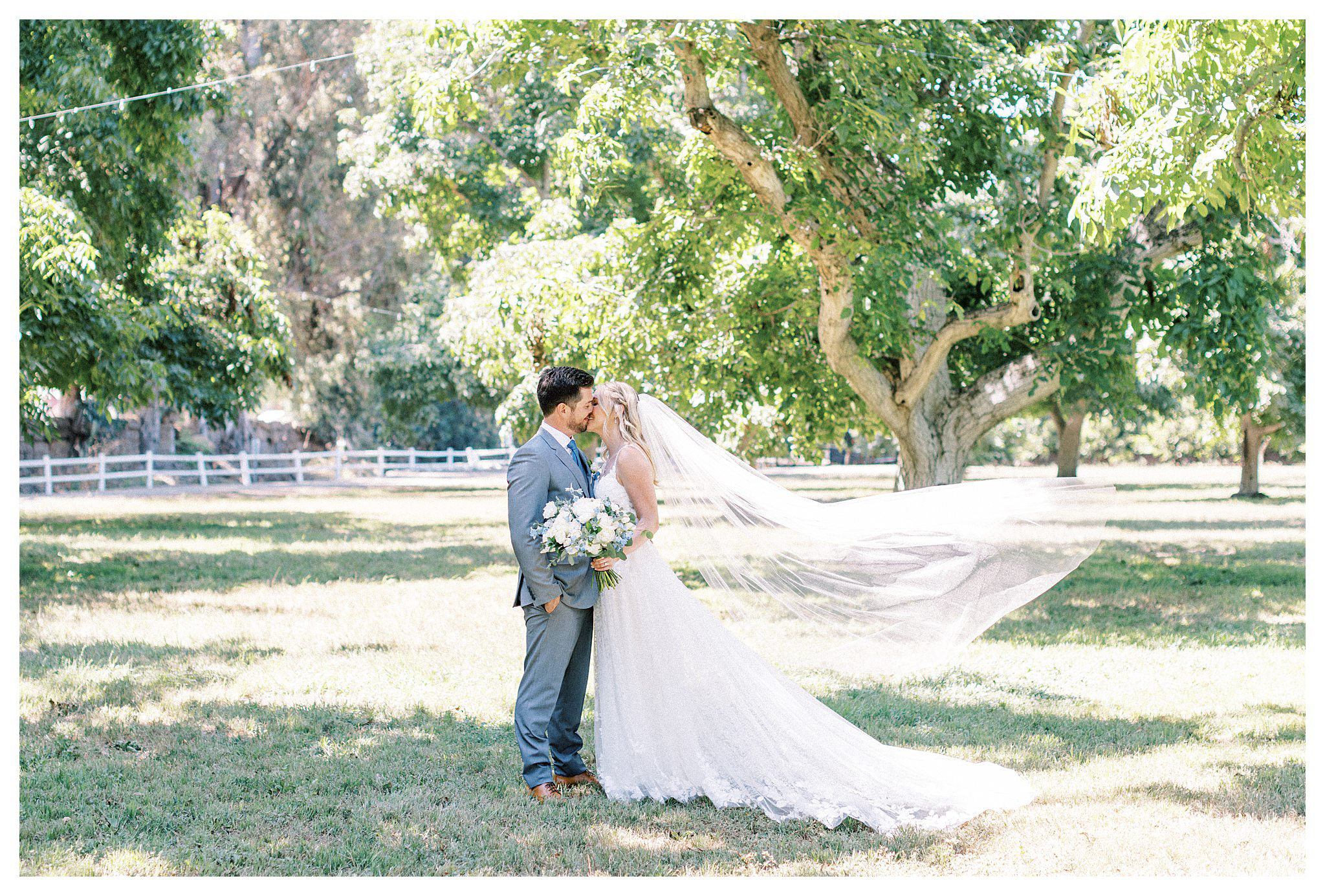 Bride and groom share a kiss while her veil flys in the wind.