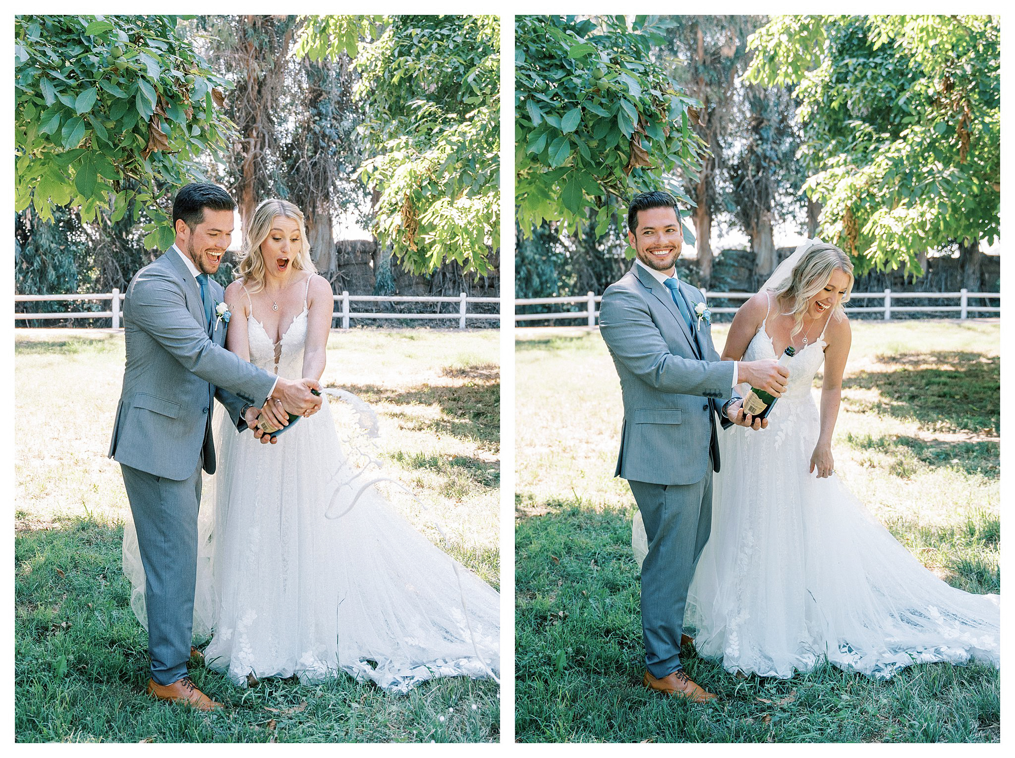 Bride and groom laugh while they open a bottle of champagne in Moorpark, Ca. 