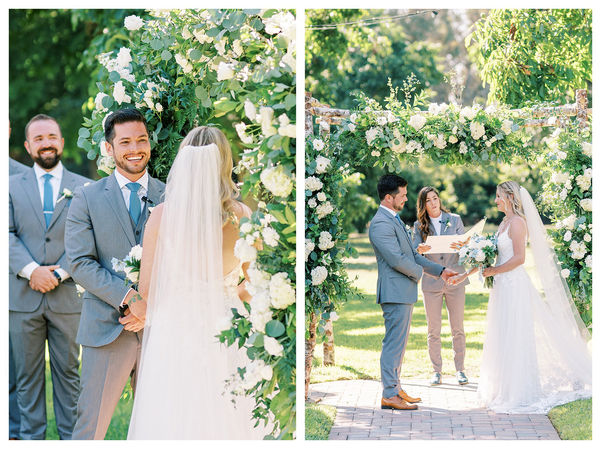 The groom smiling during his wedding ceremony in Moorpark, Ca.