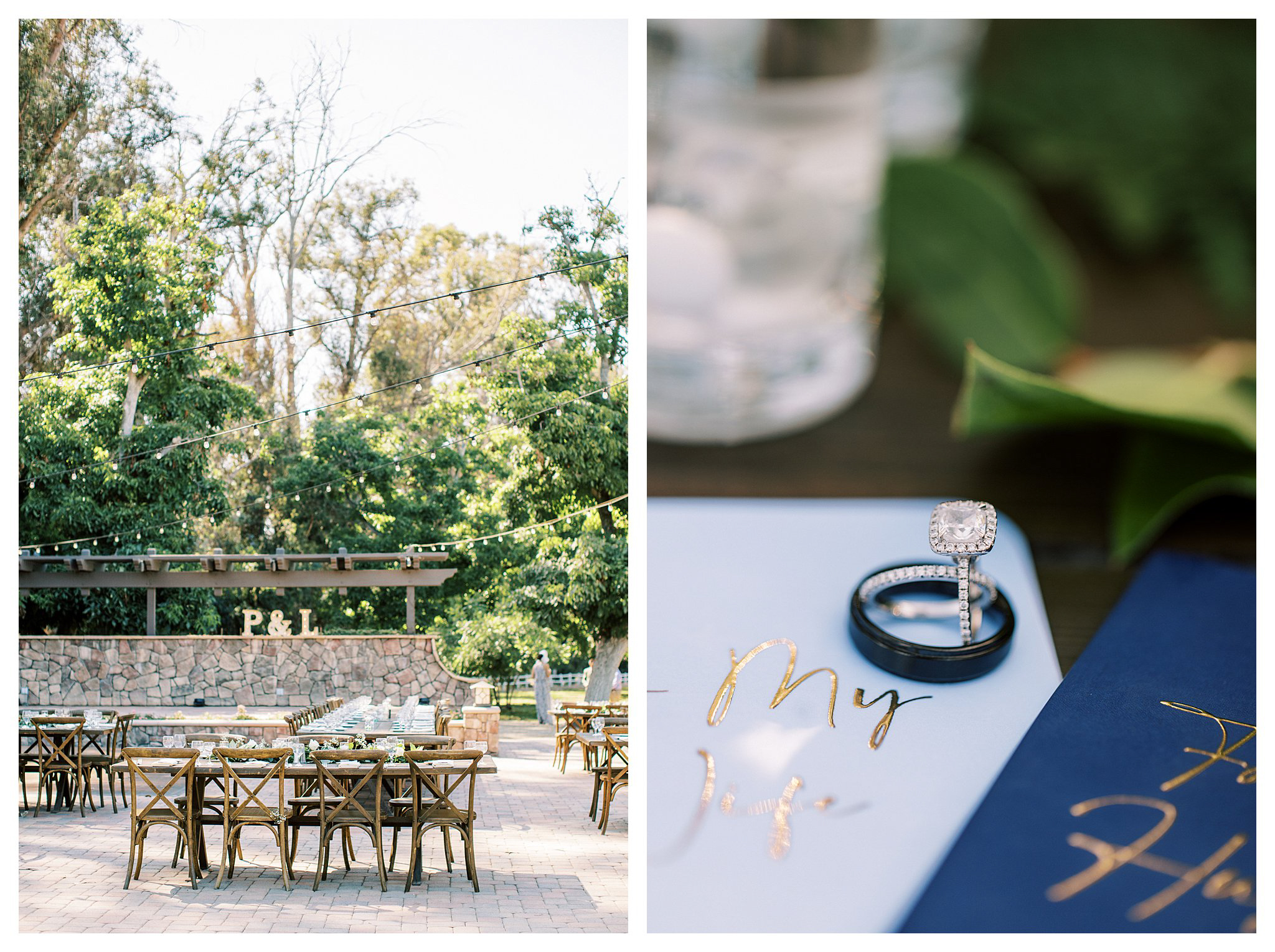 Reception details and wedding rings at Walnut Grove in Moorpark, Ca.