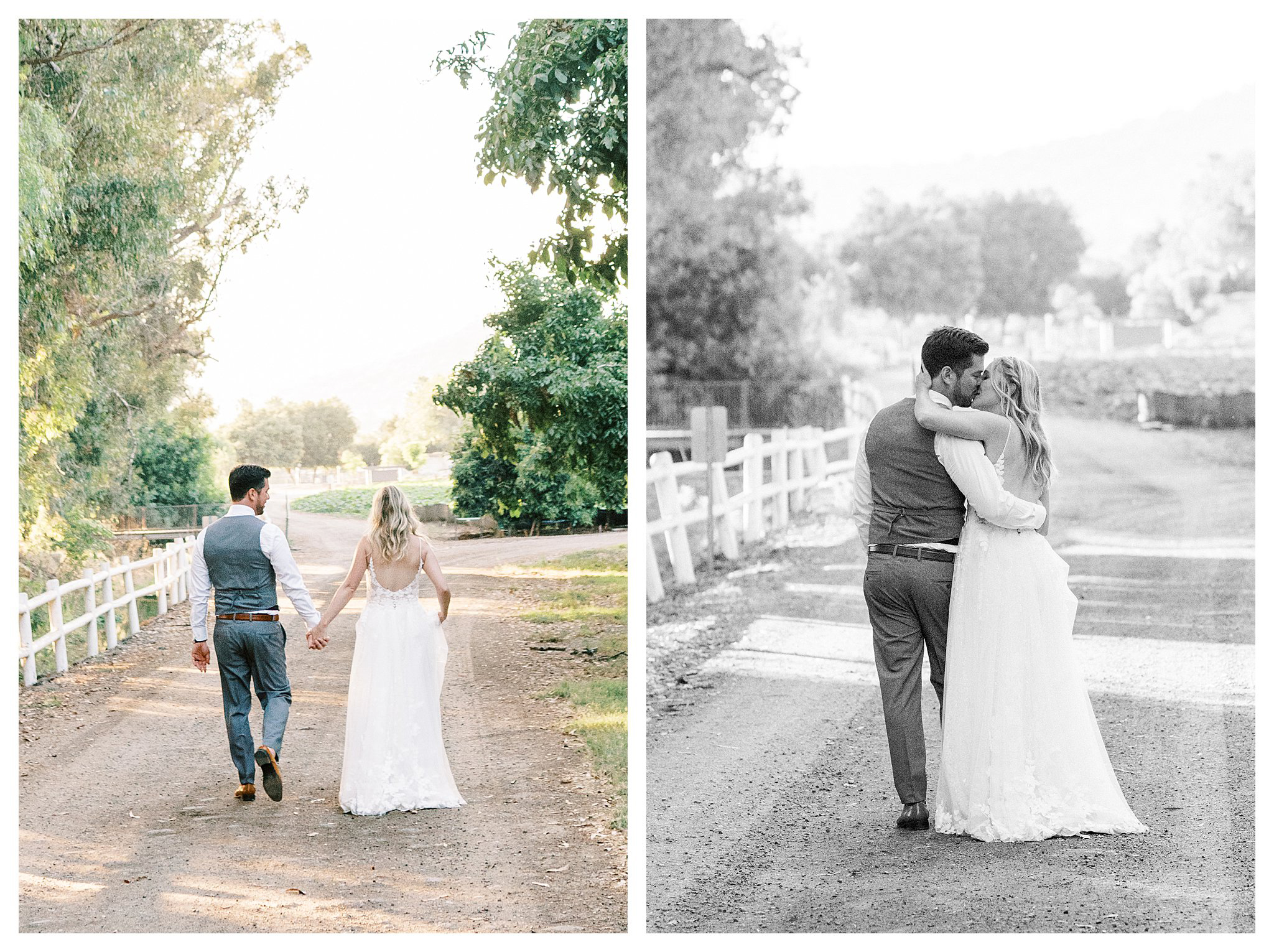 Bride and groom walk along a path during sunset photos at Walnut Grove in Moorpark, Ca.