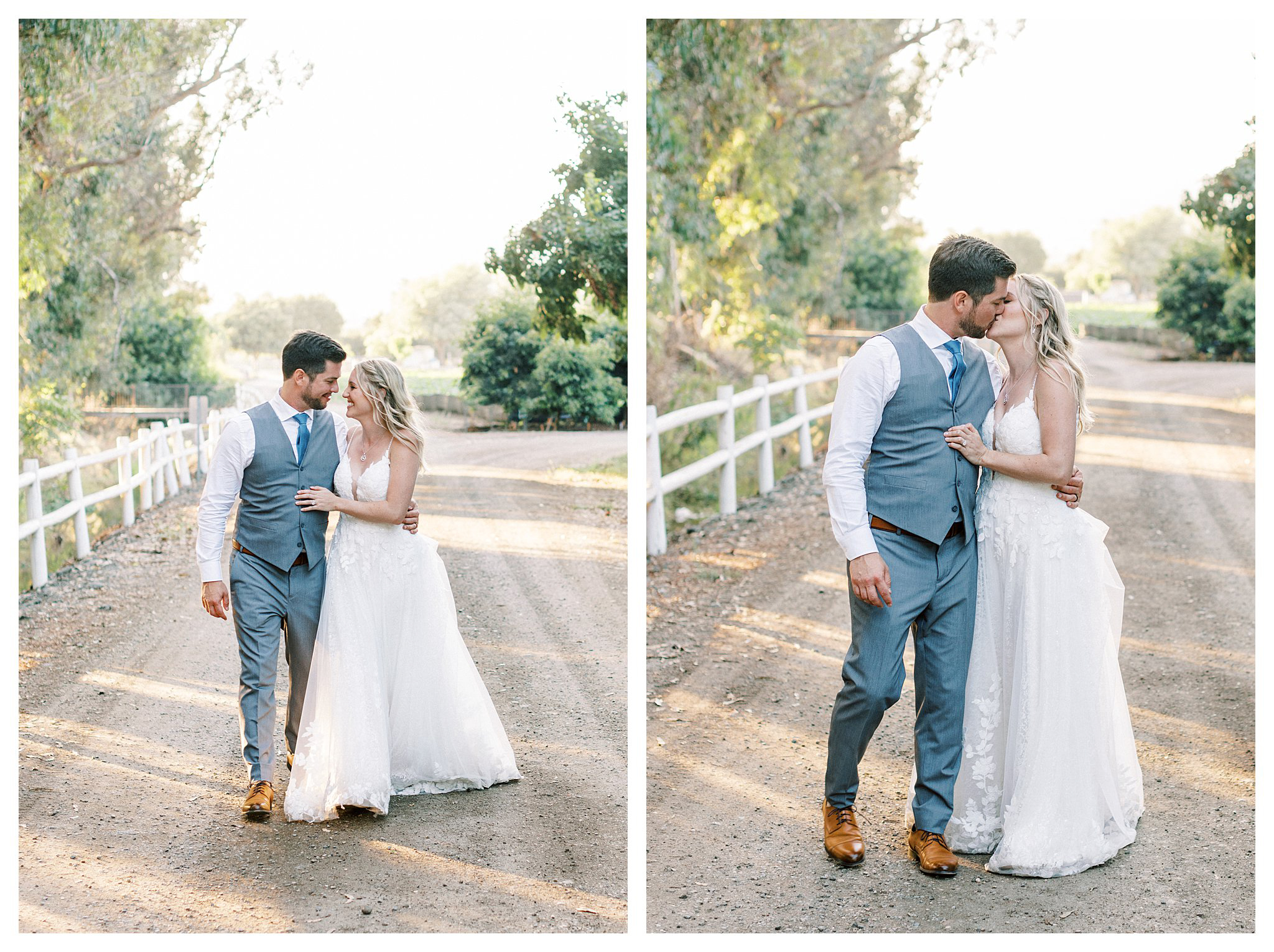 Bride and groom walk along a path during sunset photos at Walnut Grove in Moorpark, Ca.