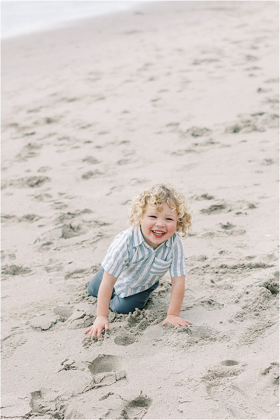 Close-up of toddler during a foggy beach family session in Santa Barbara