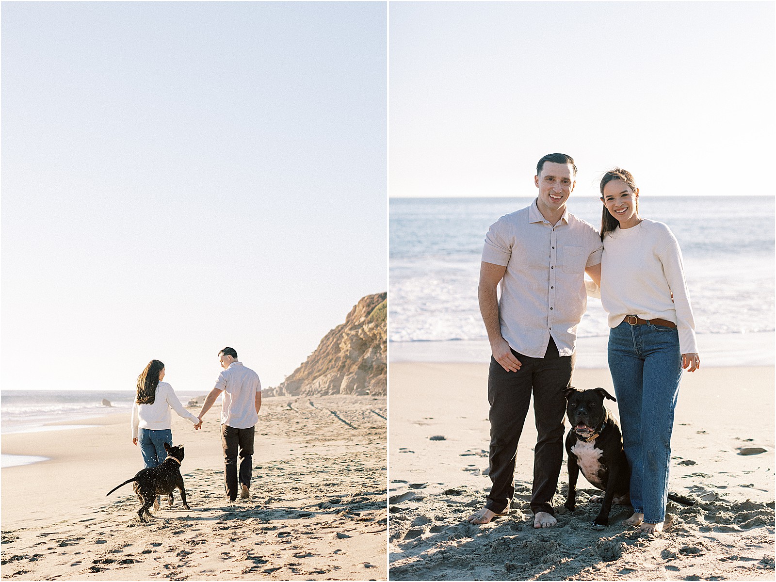 Playful engagement photo with couple and their dog running on the sand at Leo Carrillo Beach