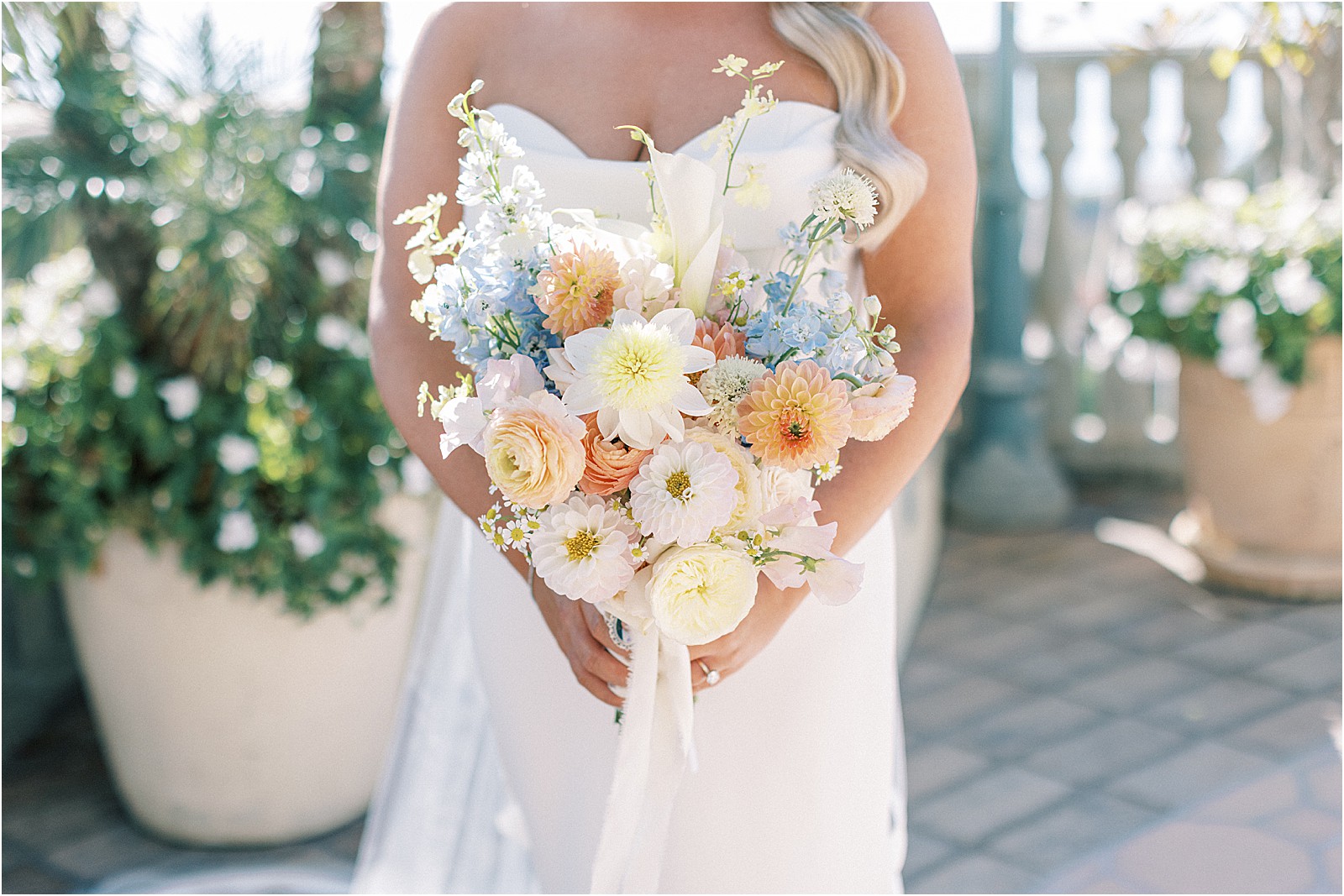 close up of brides bouquet with coloring florals