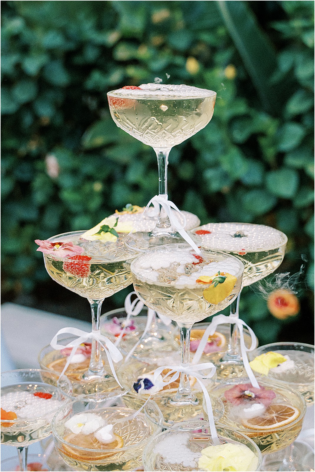champagne tower setup on the bel air bay club patio