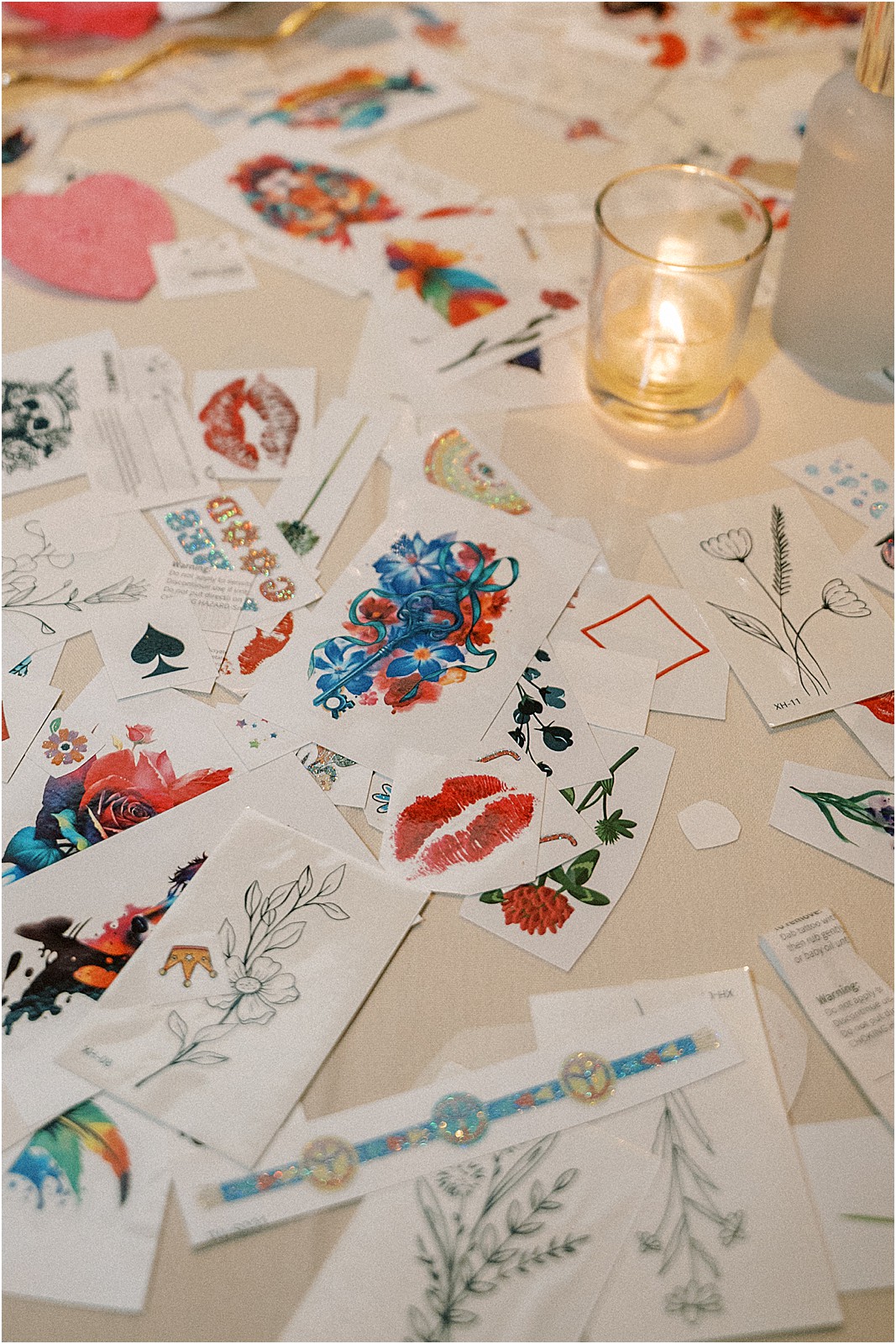 a detail shot at fake tattoos for the guests to enjoy