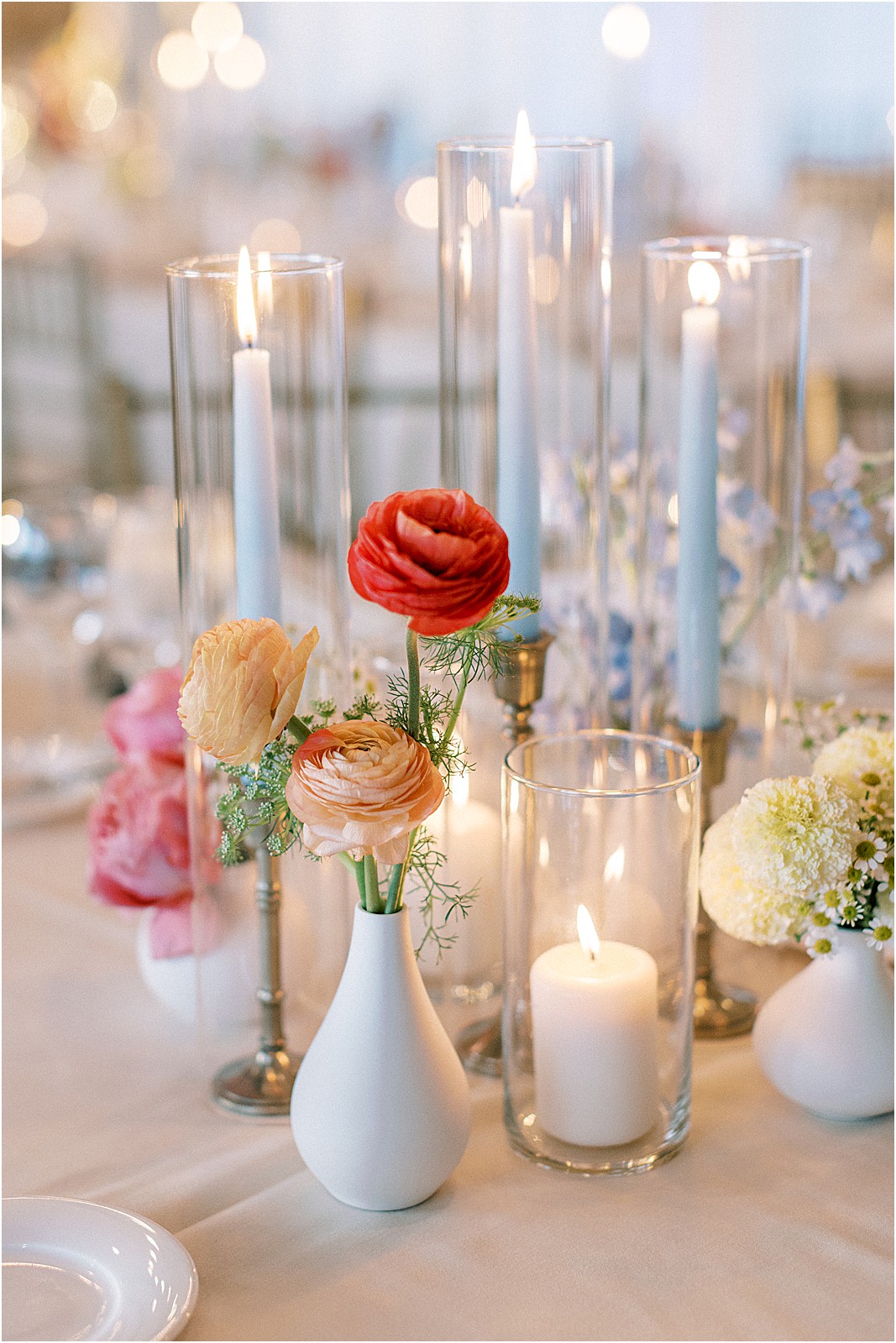 candlelit reception details with pops of color at bel air bay club in pacific palisades
